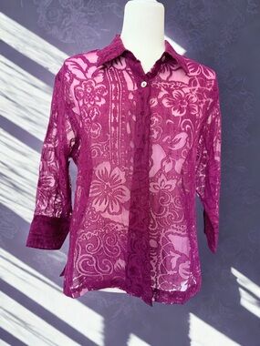 Vintage Y2K West End Sheer Floral Layering Top | Pink/Magenta | Medium
